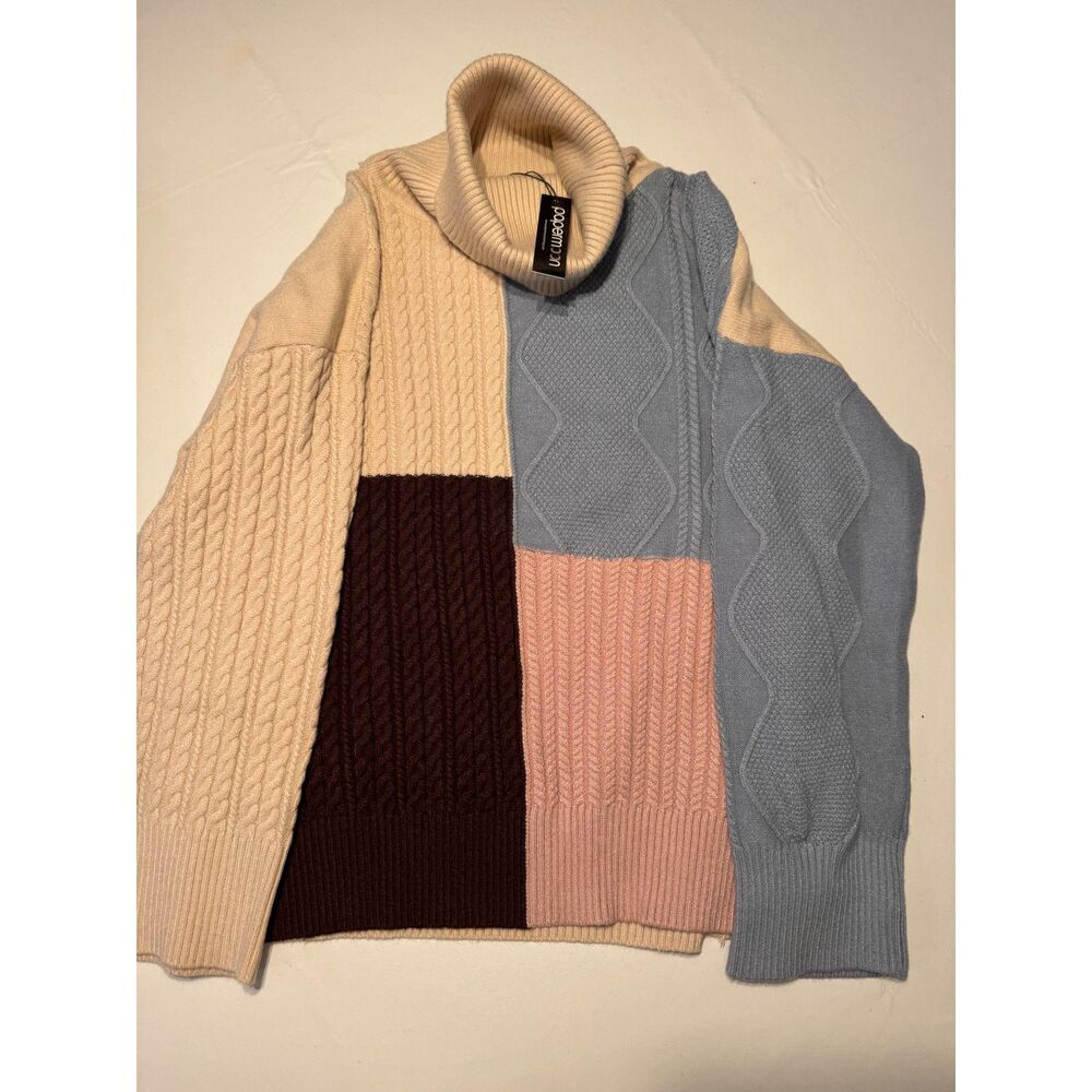 NWT Papermoon Patchwork Cable Knit Turtleneck Sweater - Colorblock - Size Small